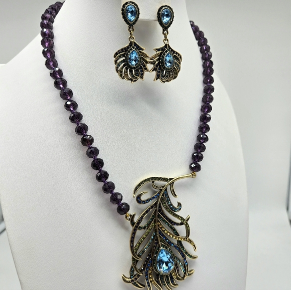 Heidi Daus Amethyst Swarovski Crystal Large Peacock Feather Necklace - Picture 6 of 14